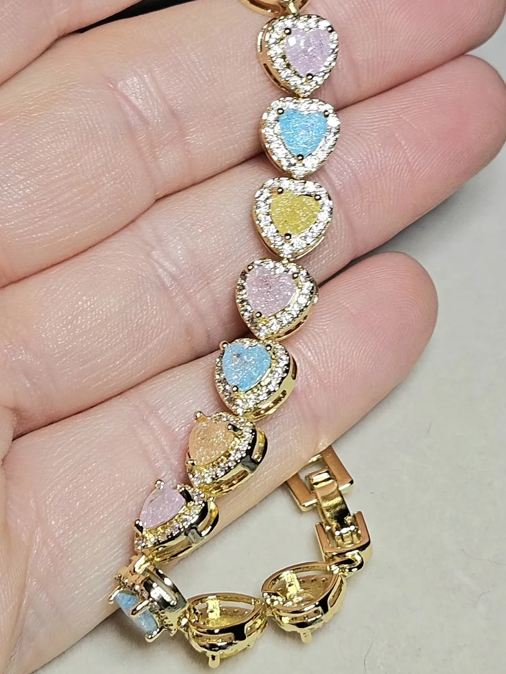 Gold Tone Stainless Steel Heart Multicolor Stone Bracelet W Extra Link